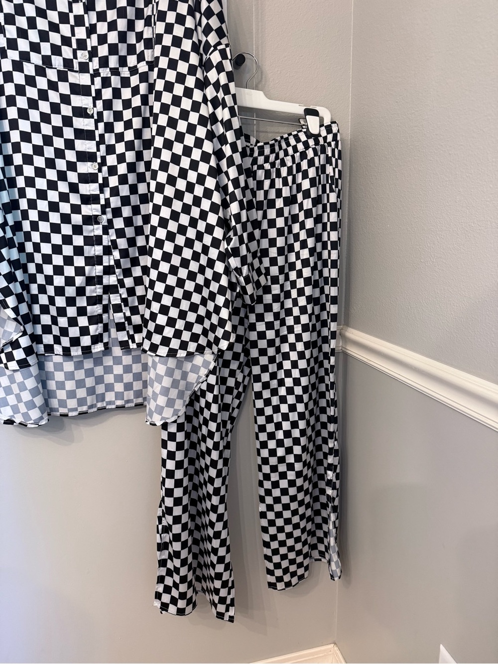 Dressed in Lala Black & White Checkerboard Button-Up Top and Pants Set - Picture 3 of 3